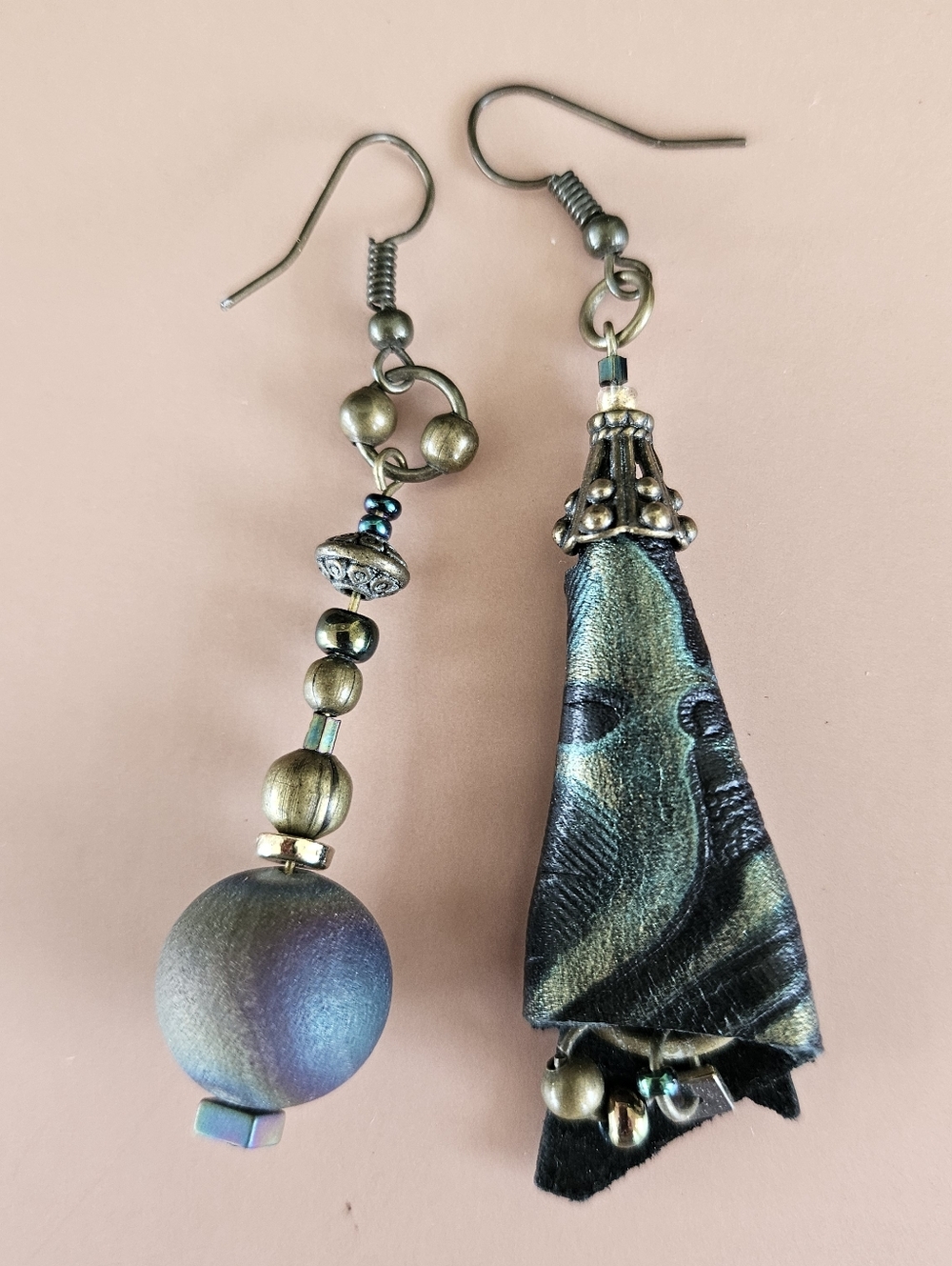 Handmade Iridescent Blue-Green Leather And Stone Dangle Earrings -